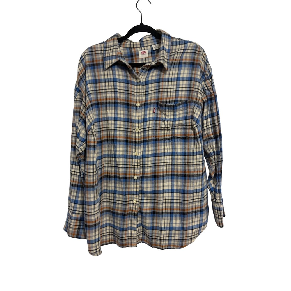 Levis Button Down Plaid Shirt‎ Blue Cream Orange Flannel Relaxed 1X Plus Size